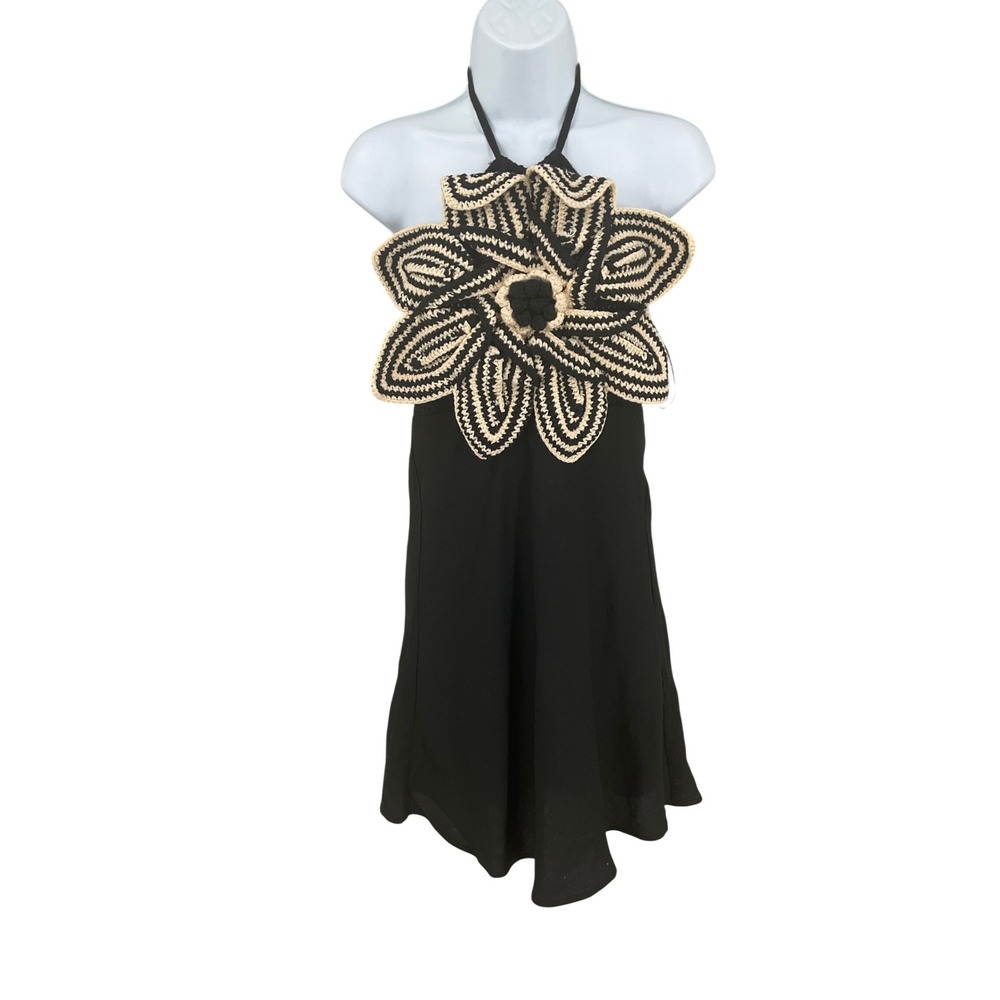 Zara Halter Dress Womens Sz S Black Linen 3D Crochet Flower Boho Festival Resort - Picture 1 of 10